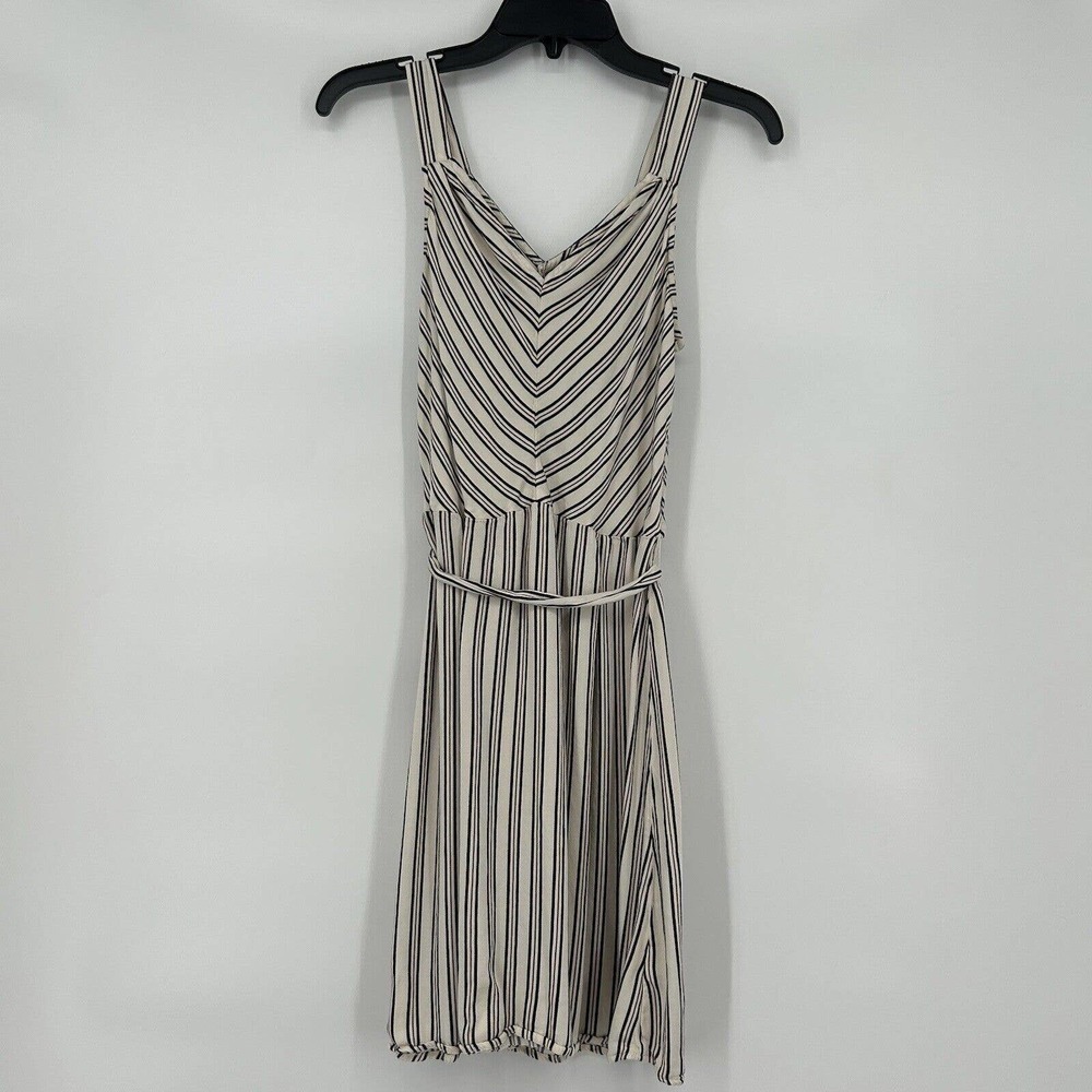 A New Day Skater Dress Fit Flare Beige Blue Stripe Sleeveless V Neck Bel…